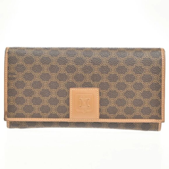 CELINE Logo Macadam Pattern Long Wallet PVC Leather Brown